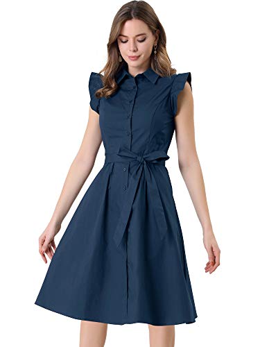 Image of Allegra K Women's Ruffled Sleeve Casual Office Dress Tie Waist Button Down Cotton Shirt Dresses