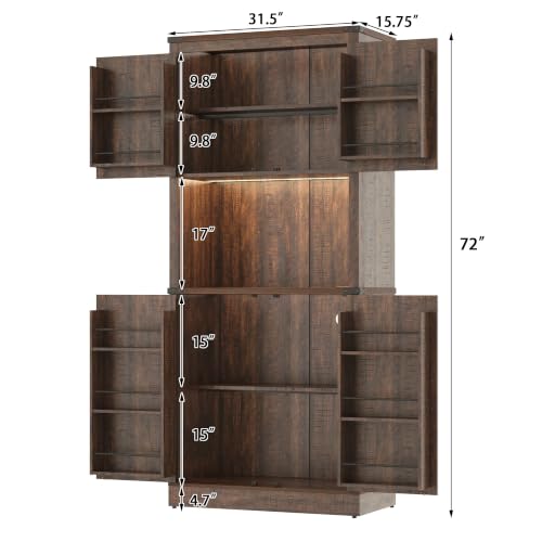 Image of 72 inch Tall Farmhouse Kitchen Pantry Cabinet with LED Light and Power Outlet,Modern Farmhouse Kitchen Storage Cabinet w Load-Bearing Steel Pipe,Barn Doors, Organizer,Food Pantry Cabinets(Rustic Brown)