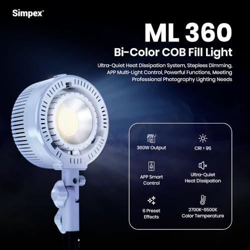 Image of Simpex ML360 360W Bi-Color COB Video Light, 2700K-6500K, CRI 95+, APP Smart Control, Ultra-Quiet Cooling Fan, 6 FX Effects, Stepless Dimming, Bowens Mount Studio Light for Photography, Videography
