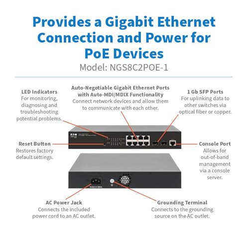 Image of Eaton Tripp Lite Series 8‑Port Gigabit Managed PoE+ Switch with 2 SFP Ports, Easy Smart Web‑Managed Layer 2 Ethernet Splitter, 140W, 1 Gbps, 1U Rack Mount or Desktop, 3‑Year Warranty (NGS8C2POE-1)