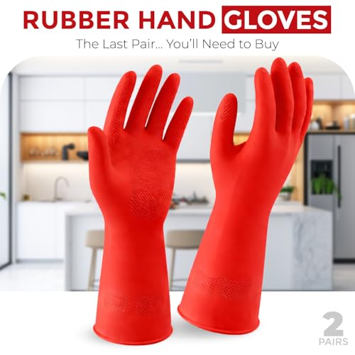Image of LADWA Premium Rubber Cleaning Gloves, Red Color Reusable Waterproof Gloves for Kitchen Cleaning, Dishwashing, Gardening and Bathroom Use with Comfortable Fit (Pack of 2 Pairs)