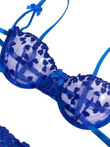 Image of Lilosy Sexy Tie Side Cute Underwire Push Up Strappy Embroidered Mesh Sheer Lingerie Set