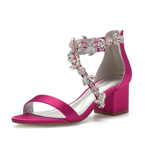Image of Anna's Bridal Women's Low Block Heel Sandals Chunky Ankle Strap Crystal Wedding Dress Shoes Low Heel Comfortable Pump Sandals