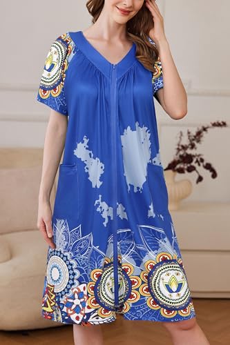 Image of Ekouaer Women Robe Zipper Front Mumu Duster Robes Zip Up Housecoat Soft Sleepwear with Pockets