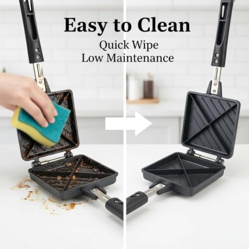 Image of Double Sided Sandwich Grill Pan | Non-Stick Toast Maker Aluminium Stovetop Toaster Gas Stove Flip for Bread Snacks Heat Resistant Handle Black (Jumbo- 4cut Toaster)
