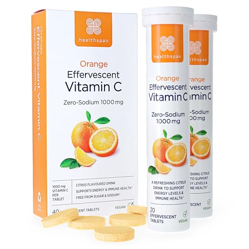 Healthspan Orange Effervescent Vitamin C 1,000mg (40 Tablets) | Supports Immune & Nervous Systems | Maintain Good Energy Levels | Zero-Sodium to Help Maintain Normal Blood Pressure | Vegan
