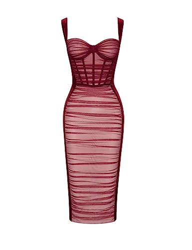 Image of houstil Women's Strap Wedding Guest Dress Velvet Mesh Bodycon Cocktail Party Fishbone Mini Clubwear