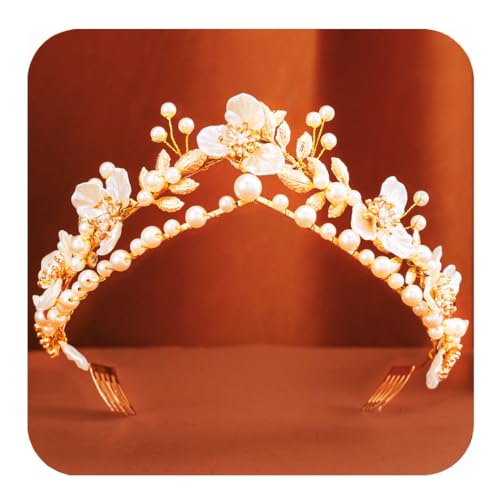 Kilshye Flower Wedding Crowns and Tiaras Gold Leaf Headband Pearl Bridal Hair Accessories for Women