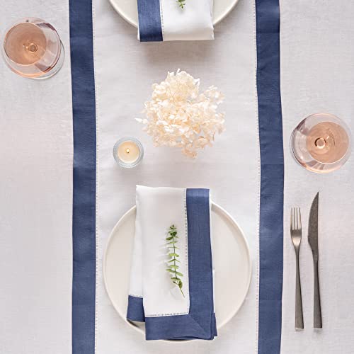 O'lucio Linen Table Runner - Navy Blue And White 14 X 90 Inch - Hemstitch Runners For Christmas, Winter Holidays - Natural Fabric, French Flax #TOP2