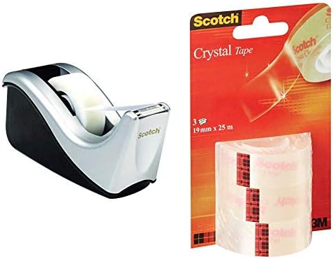 Scotch Tape Dispenser in Silver with 1 Roll of Scotch Magic Tape 19mm x 33m & Crystal Tape - 3 Rolls - 19 mm x 25 m - Glossy-Finish Transparent Tape for School, Home and Office