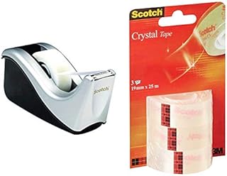 Scotch Tape Dispenser in Silver with 1 Roll of Scotch Magic Tape 19mm x 33m & Crystal Tape - 3 Rolls - 19 mm x 25 m - Glossy-Finish Transparent Tape for School, Home and Office