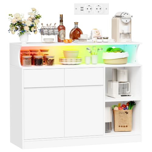 BEWISHOME Aparador de Cocina con Cajones, Armario de Almacenamiento con Regleta y Tira de Luces LED, Armario con Estante Abierto, Armario para Cocina, Comedor, Salón, 100 x 35 x 80 cm, Blanco