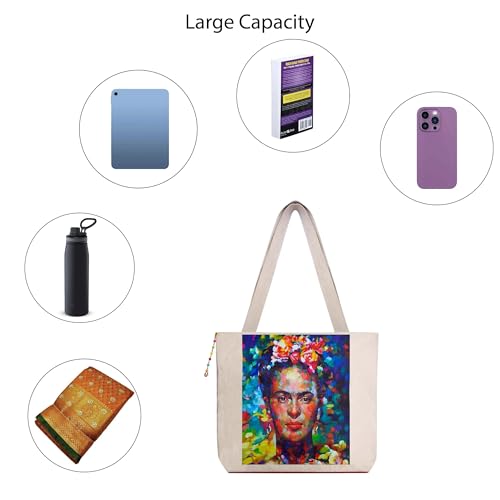 Image of Hand-Printed Tote Bag with Classical Design-Reusable, Zipper Closure For Women & Girls