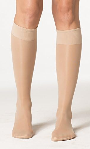 Compression knee highs in taupe, 15-20mmHg, ideal for improved circulation and style.