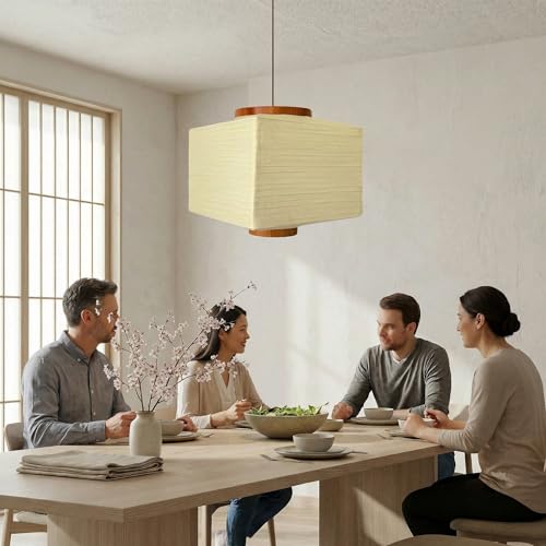 Image of Nogy Paper Lantern Lamp Japanese Style Pendant Light - Off White Rice Hanging Paper Lamp Shade with Cord (11.5 Hardwired Square (Ceiling))