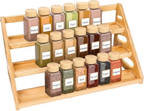 Teakhzct Spice Rack - Tiered Spice Rack Organization for Cabinet - 3 Tier Bamboo Display Spice Shelf for Countertop