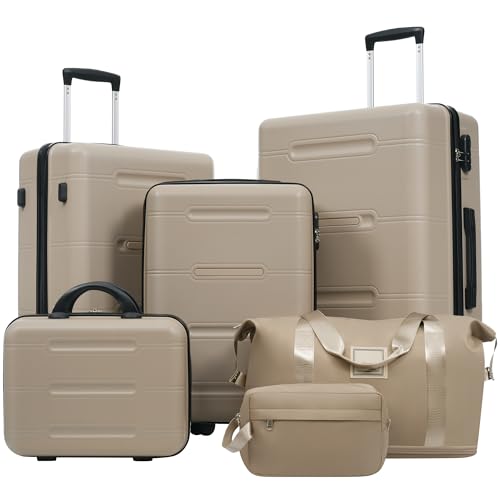 Image of 6 Pcs ABS Hardshell Luggage Set Spinner Wheel Suitcase Suitcase Khaki