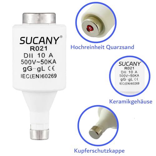 SUCANY 10A DII E27 R021 Spiral-Keramik-Sicherungen gG Diazed Sicherungseinsätze 500VAC,10Ampere Spiral Schmelzsicherung,für Elektrische Geräte im Haushalt und in der Industrie (10 Stück)