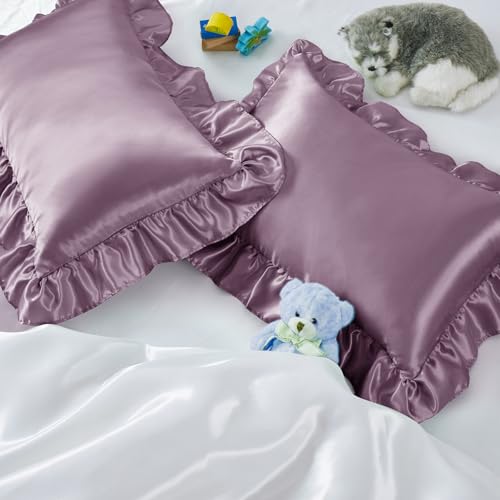 Entisn Ruffle Satin Toddler Pillowcase Set of 2, 13 x 18 Inch Toddler Silky Pillow Shams with Envelope Closure, Anti Wrinkle Soft Nursery Bedding for Girls, Boys (Lavender)
