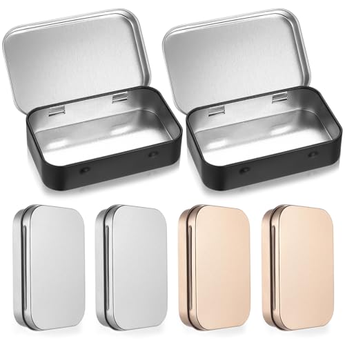 6 Pcs Cajas de Almacenamiento Metalica Pequeñas, cajas de hojalata rectangulares con tapa abatible para guardar dulces, llaves, joyas, pendientes (doradas, plateadas y negras, 9,5 x 6 x 2,2 cm)
