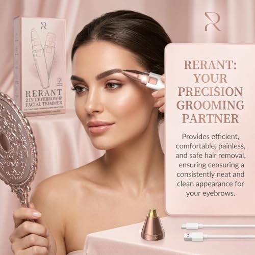 Image of RERANT 2-in-1 Eyebrow Trimmer and Facial Hair Remover for Women, Rechargeable Electric Face Razor with Built-in LED Light, Painless Precision Eyebrow Razor and Lip Hair Trimmer, Portable (S2)