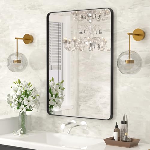 Kosmonia 30×22 Bathroom Vanity Mirror for Wall, Aluminum Framed, Farmhouse Rectangle, Anti-Rust, HD Reflection Anti-Desilvering, Distortion Free, Tempered and Shatter-Proof Wall Mounted Mirror, Black
