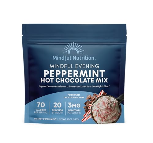 Mindful Evening Peppermint Cocoa Mix Natural Sleep Aid, Melatonin 3mg, L-Theanine, GABA Supplements, Natural Calm Sleep Support Stress Relief Calm Sleepy Cocoa Nighttime Peppermint Hot Chocolate