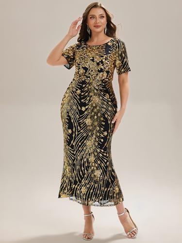 Image of Ever-Pretty Plus Women's Short Sleeves Bodycon Sequin Ball Gown Maxi Plus Size Formal Evening Dresses Vestidos De Fiesta