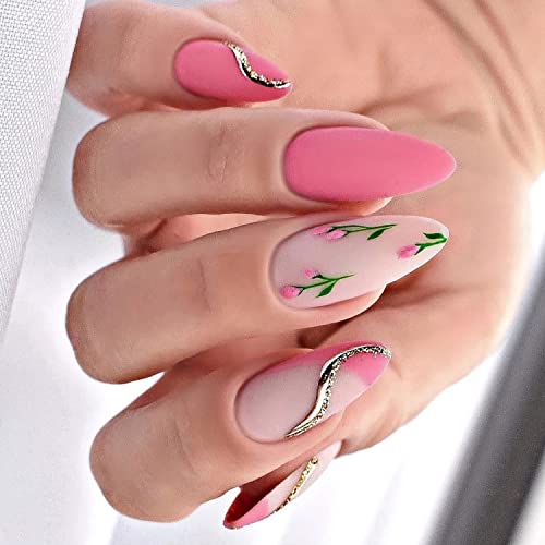 Almond Press On Nails Medium Glossy Matte Pink False Nails Summer Artificial Gold Line Tulip Design Fake Nails For Women Acrylic Stick On Nail With Adhesive Tabs 24 Pcs #TOP14