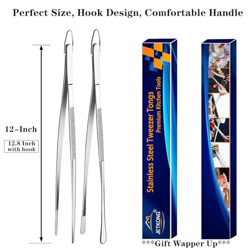Jetkong SS2021 2 Pcs 12-Inch Kitchen Tweezers Fine Tweezer Tongs, Extra-Long Stainless Steel Cooking Tweezers thumb #6