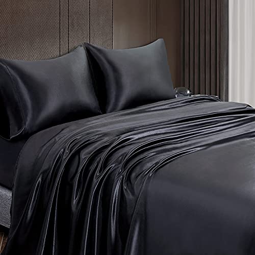 Exotica Bedding 4 Piece Silk Satin Bed Sheets Set With Fitted Sheet 26 Inch Deep Pocket Flat Sheet Pillowcases Silky Soft Luxurious Quality Full/Black #TOP21