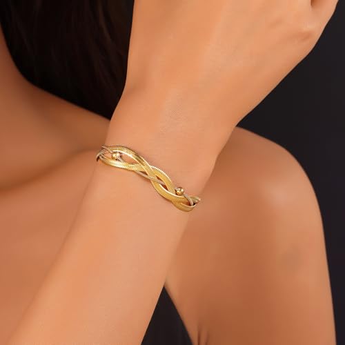 Gold Bracelets for Women, Intertwined Charm Flat Snake Chain Bracelets Bangles, Stackable Adjustable Bracelet Set, Women Trendy Accessories Minimalist Jewelry3