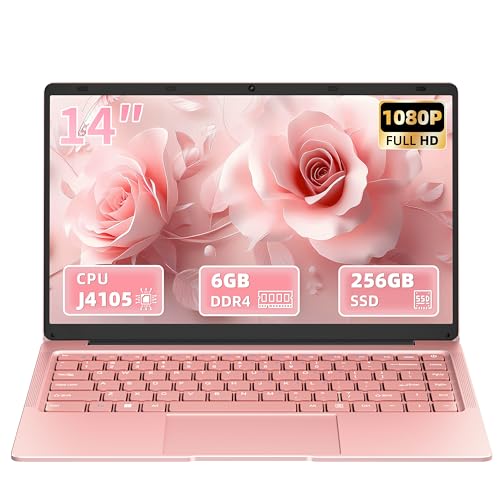 Svikou Laptop de 35.6 cm, color oro rosa, procesador J4105 de cuatro núcleos, pantalla IPS FHD, 6 GB de RAM 256 GB SSD, PC Win 11 Pro, portátil ultraligero para viajes, clases en línea, trabajo y