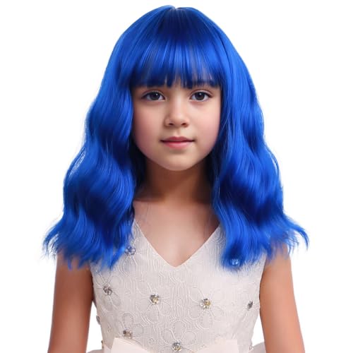 Image of Dark Blue Wig Royal Blue Wig with Bangs Short Wavy Curly Wigs Synthetic Cosplay Hair Wigs