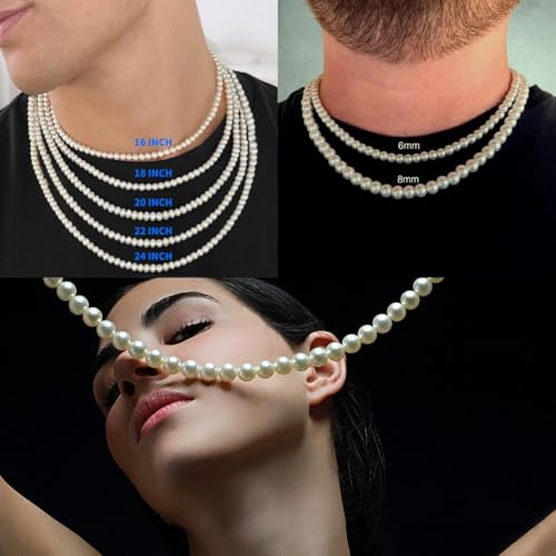 Pearl Necklace for Men, 6mm 8mm White Round Pearl Choker Necklace Fashion Jewelry with Delicate Box for Men Women Teens2