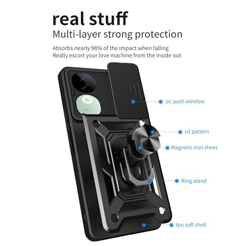 Image of SPAZY CASE vivo V50 5G Back Cover | Heavy Duty Hybrid Case with 360 Degree Rotating Finger Ring Holder + Slider Shutter Camera Protection Case for vivo V50 5G - Black