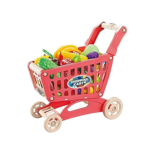 DuskHaven Jouet de Charrette à Bras de, Ensemble de Jeu de Chariot, Grande Capacité 18,50 '' Enfants Panier D'épicerie Jouet pour Accessoire de Cuis, Rouge