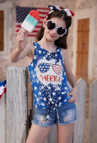 Image of July 4th Girls Patriotic Sleeveless Tie Knot Front Tank Top Stars Stripes Tee Shirt 4-14 Years