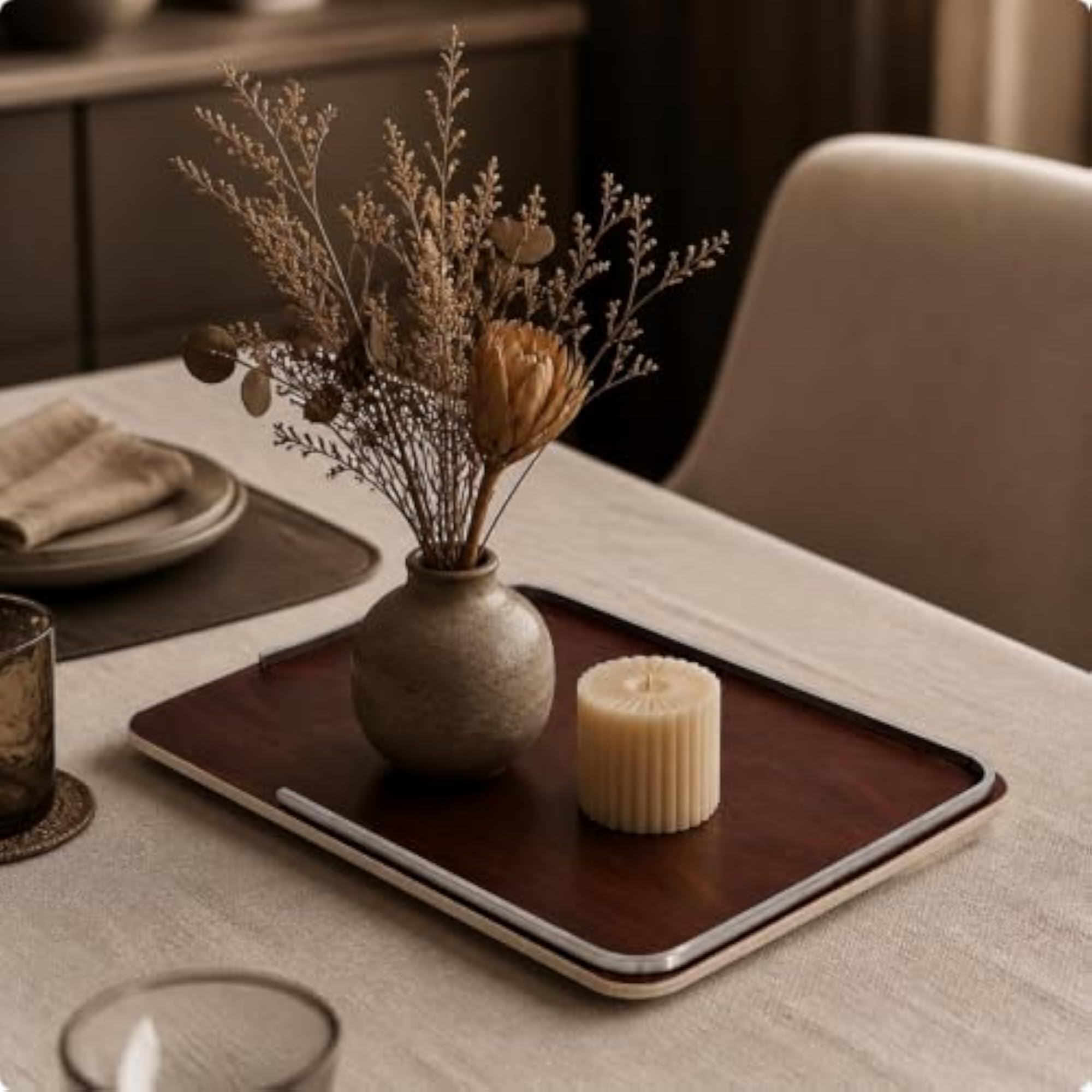 Rectangular Wood Tray with Shiny Rim, Elegant Design