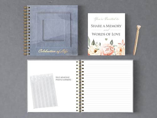 Image of Funeral Guest Book for Memorial or Celebration of Life - Velvet Hardcover with Photo Frame - Includes Pen or Marker and Sign (Gray - Small)