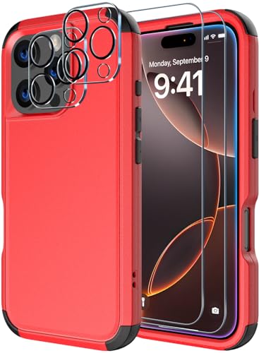 Image of Diverbox for iPhone 16 Pro Max Case [Shockproof] [Dropproof] [Tempered Glass Screen Protector + Camera Protectors] Heavy Duty Protection Phone Case Cover for Apple iPhone 16 Pro Max (Red)