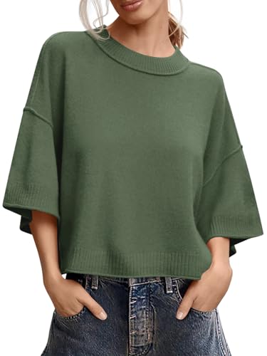 Image of Saodimallsu Womens Short Sleeve Sweater Summer Oversized Cropped Sweaters Casual Crewneck Lightweight Knit Tops