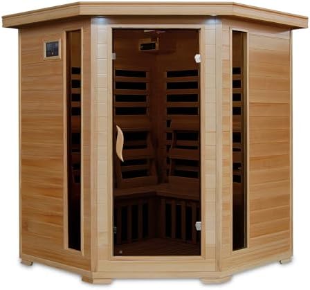 HEATWAVE Tucson 4 Person Hemlock Low EMF Infrared Sauna for Home & Indoor Relaxation – With 9 Carbon Heaters, Chromotherapy Lighting, Tempered Glass Door, Built-In Stereo Sound System