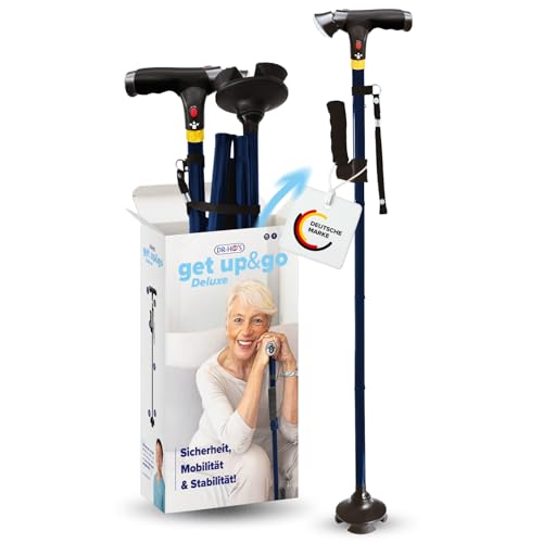 DR. HOS Get Up & Go | Gehstock Damen & Herren mit LED-Licht & Alarmknopf | Gehstock klappbar & höhenverstellbar | Gehhilfe für Senioren & Erwachsene | Spazierstock 4-Punkt-Standfuß | Walking Stick