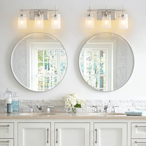 Image of 3-Light Brushed Nickel Vanity Light with White Linen Frosted Glass E26 Socket,Bathroom Light Fixture,Modern Wall Light Over Mirror(Bulbs Not Included)