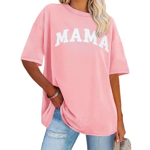 rosemia Womens Oversized Tshirt Graphic Tees Crew Neck Summer Short Sleeve Loose Fit Tops, Pink Letters, S