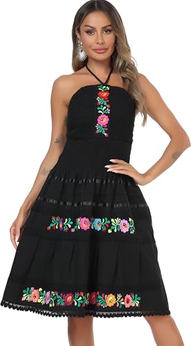 YZXDORWJ Women's Mexican Dress Summer Linen Mini Dress Floral Embroidered Fiesta Dresses3