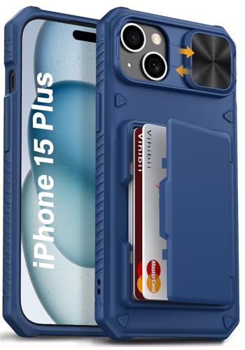 Image of Vihibii for iPhone 15 Plus, iPhone 14 Plus Back Cover Wallet with Card Holder (4 Cards) [RFID Blocking] & Slide Camera Cover, Military Grade Drop Protection, Rugged Back & Silicone Case, 6.7 inch, Blue