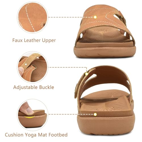 KuaiLu Womens Fashion Orthotic Slides Ladies Athletic Yoga Mat Memory Foam Walking Recovery Sandals Slip On Open Toe Thick Cushion Slippers Comfortable Plantar Fasciitis Arch Support Khaki Size 94