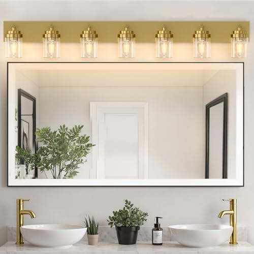Image of IZORRO Bathroom Vanity Light Fixture, 7-Light 52 inch Gold Bathroom Light Fixtures Over Mirror, with Clear Glass Shade, Modern Farmhouse Vanity Lights, Rustic Restroom Lighting Fixtures